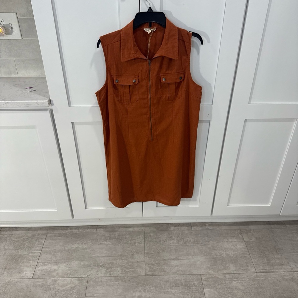 NWT Kings Road Sleeveless Orange Shirt Dress zip front linen cotton petite XL